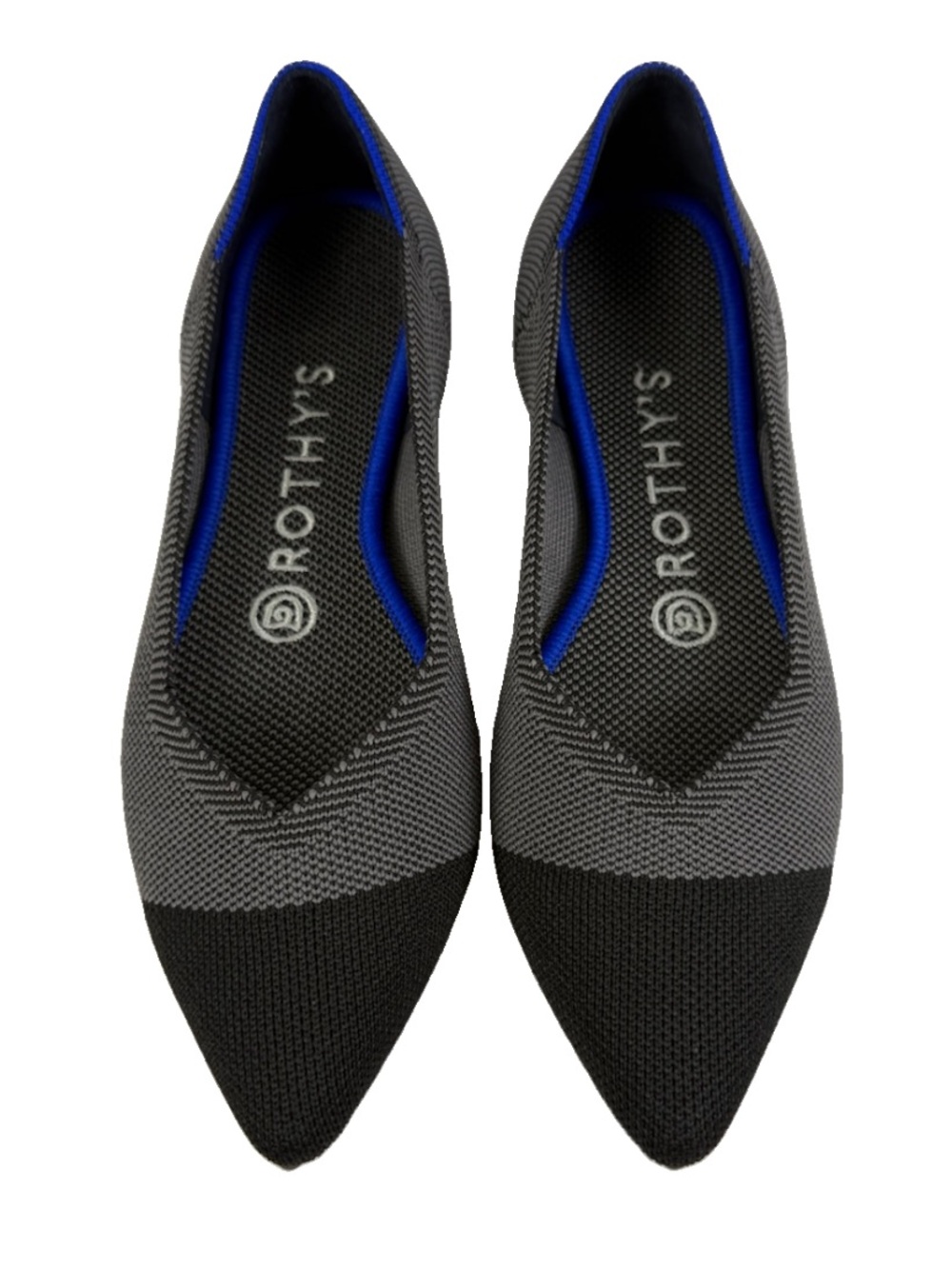 Rothy's Two-Tone Pointed Knit Flat — Black & Gray with Blue Accent